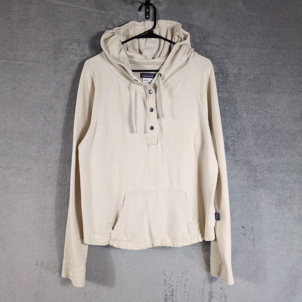 Patagonia Womens XL Henley Hoodie Organic Cotton Tencel Cream Slub Knit Pullover